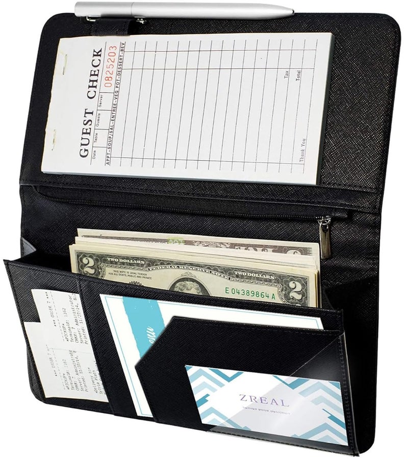 Zreal Server Book With Zipper Pocket, 5 X 9 Waitress Book, Magnetic Closure Pocket, Big Volume, Guest Check With Pen Holder for Waiter Server Wallet Fit Waitress Apron (Black) - Image 1